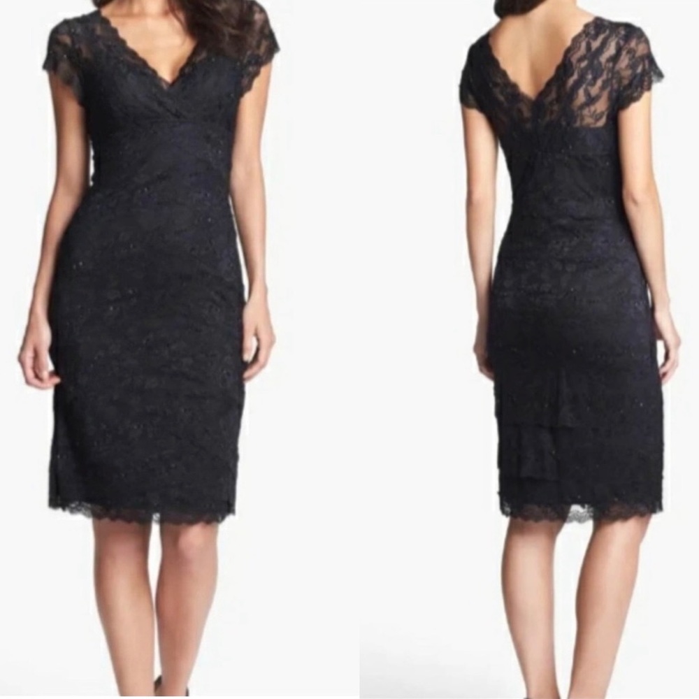 Marina Black Lace Layered Bead Bodycon Cocktail Midi Dress Sz 14